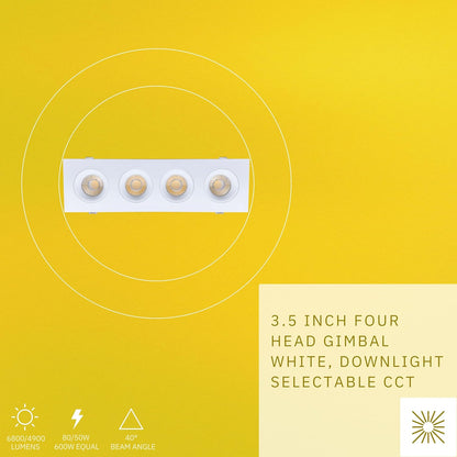 P-6492 3.5 Inch 4 Head Multiple Gimbal, White Finish 80 Watts, 6800 Lumens 5CCT Recessed Light