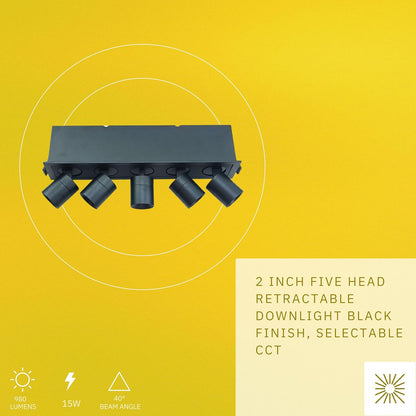 P-6638 2 Inch 5 Head Retractable, Black Finish 15 Watts, 980 Lumens 5CCT Recessed Light