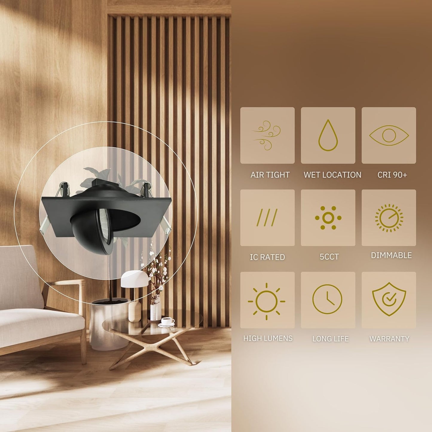 P-6545 3 Inch Gimbal Square, Black Finish 8 Watts, 700 Lumens 5CCT Recessed Light