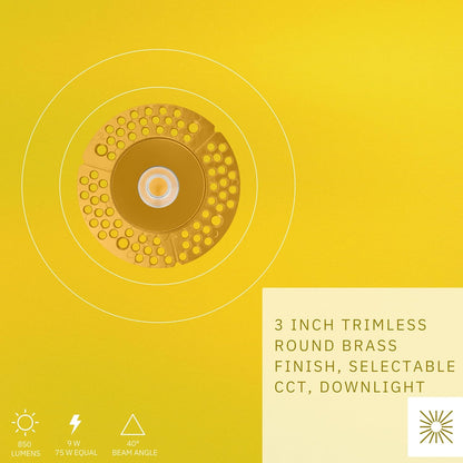 P-6425 3 Inch Trimless Round, Brass Finish 9 Watts, 850 Lumens 5CCT Recessed Light