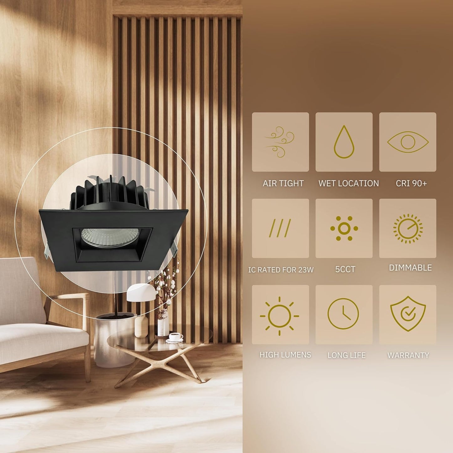 P-6391 5 Inch Square Black High Output 40W-30W-23W=350W, 3500-2600-2000 Lumens 5CCT Recessed Light