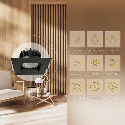 P-6391 5 Inch Square Black High Output 40W-30W-23W=350W, 3500-2600-2000 Lumens 5CCT Recessed Light