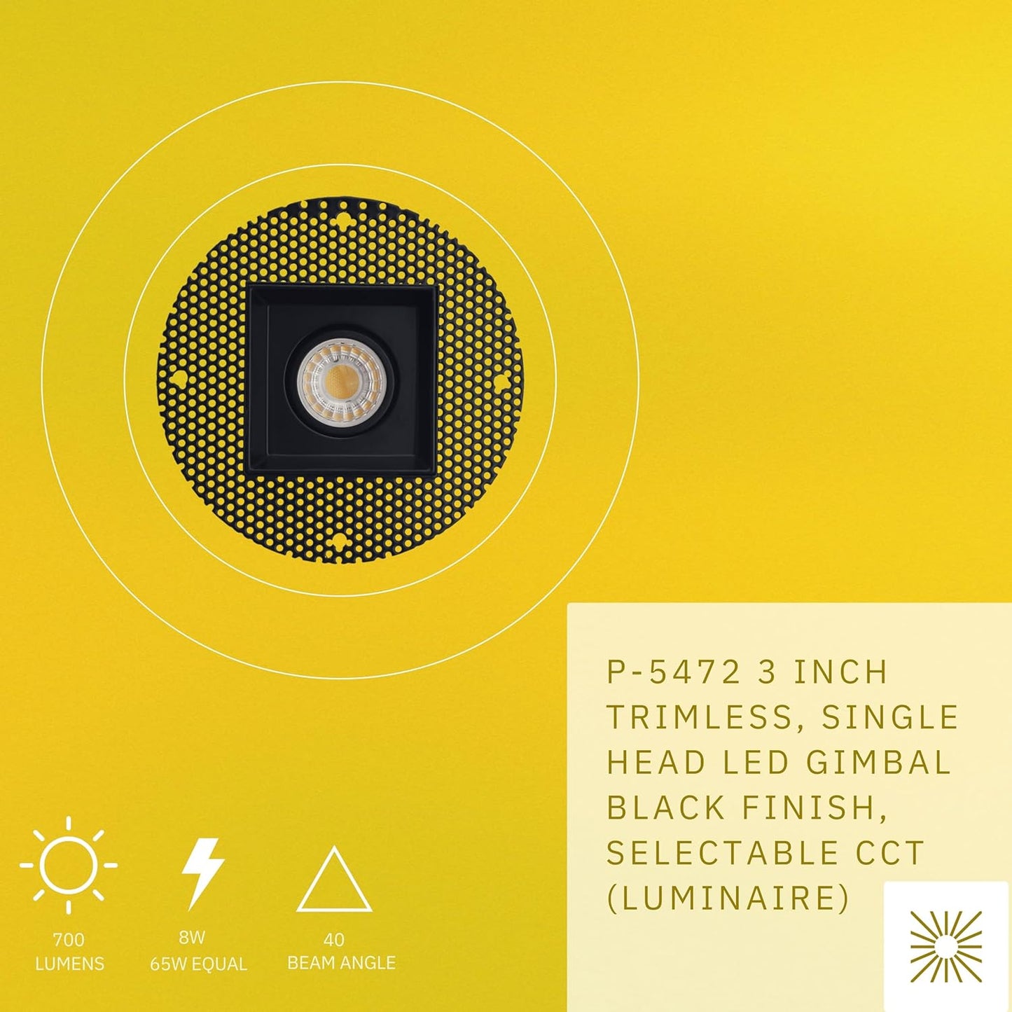 P-5472 3 Inch Trimless Square Black 8W 700 Lumens 5CCT Gimbal Light