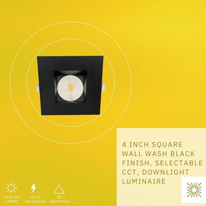 P-6460 4 Inch Square Wall Wash, Black Finish 15 Watts, 1550 Lumens 5CCT Recessed Light
