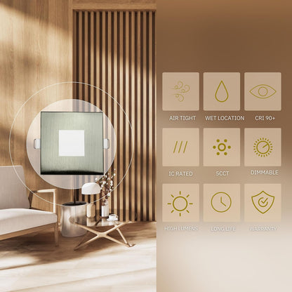 P-6623 2 Inch Slim Ultra-Thin Square, Brushed Nickel 5 Watts, 300 Lumens 5CCT Recessed Light