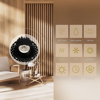 P-5060 2 Inch Trimless Round Black 8W 600 Lumens 5CCT Recessed Light