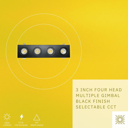 P-6548 3 Inch 4 Head Multiple Gimbal, Black Finish 32 Watts, 2800 Lumens 5CCT Recessed Light