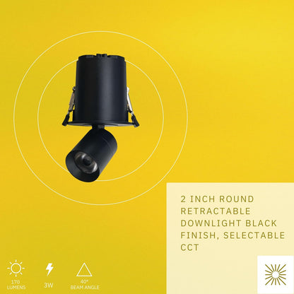 P-6635 2 Inch Retractable Round, Black Finish 3 Watts, 170 Lumens 5CCT Recessed Light