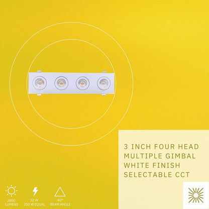 P-6544 3 Inch 4 Head Multiple Gimbal, White Finish 32 Watts, 2800 Lumens 5CCT Recessed Light