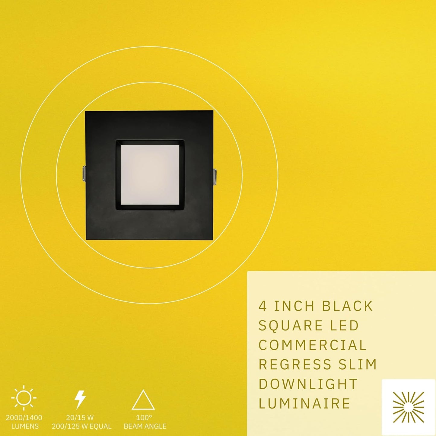 P-6407 4 Inch Slim Square Black Finish 20W-15W=200W-125W, 2000-1400 Lumens 5CCT Recessed Light