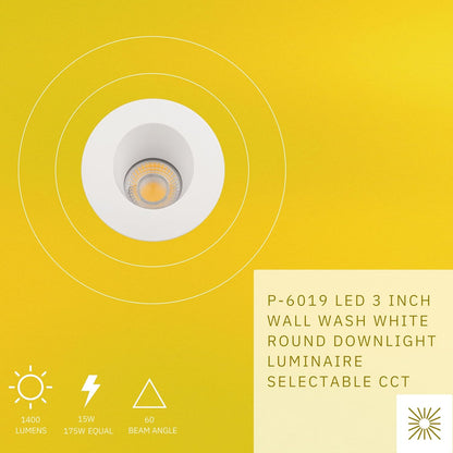 P-6019 3 Inch Wall Wash White Round 15W 1400 Lumens 5CCT Recessed Light