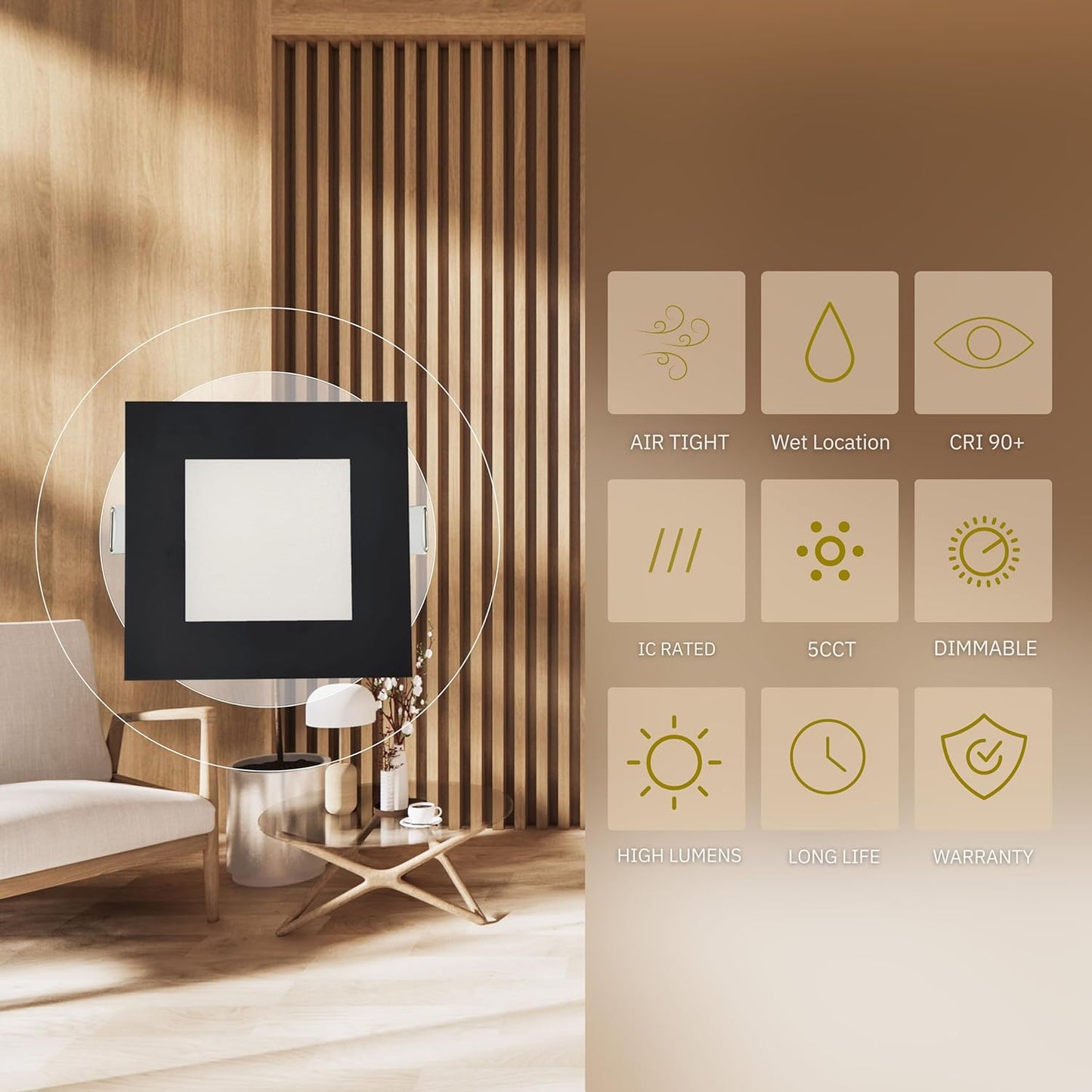 P-6226 6 Inch Square Black 18W 1600 Lumens 5CCT Slim Light