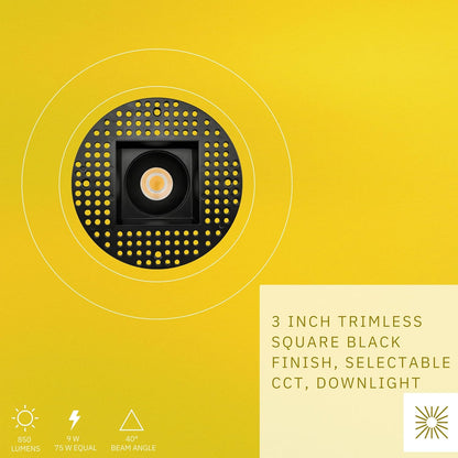 P-6376 3 Inch Trimless Square Black 9W 850 Lumens 5CCT Recessed Light