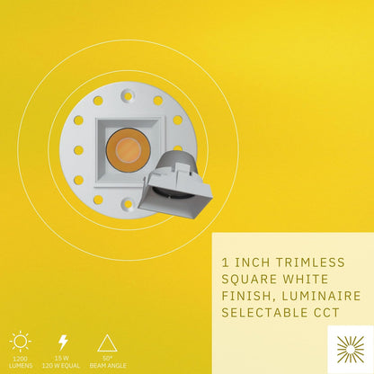P-6565 1 Inch Trimless Square, White Finish 15 Watts, 1200 Lumens 5CCT Recessed Light
