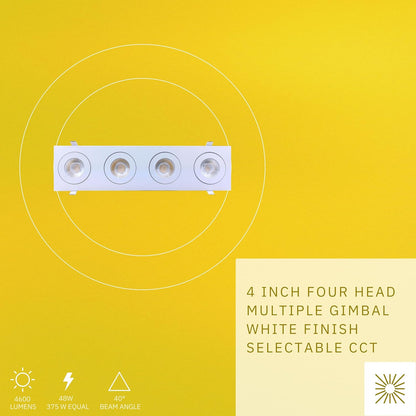 P-6532 4 Inch 4 Head Multiple Gimbal, White Finish 48 Watts, 4600 Lumens 5CCT Recessed Light