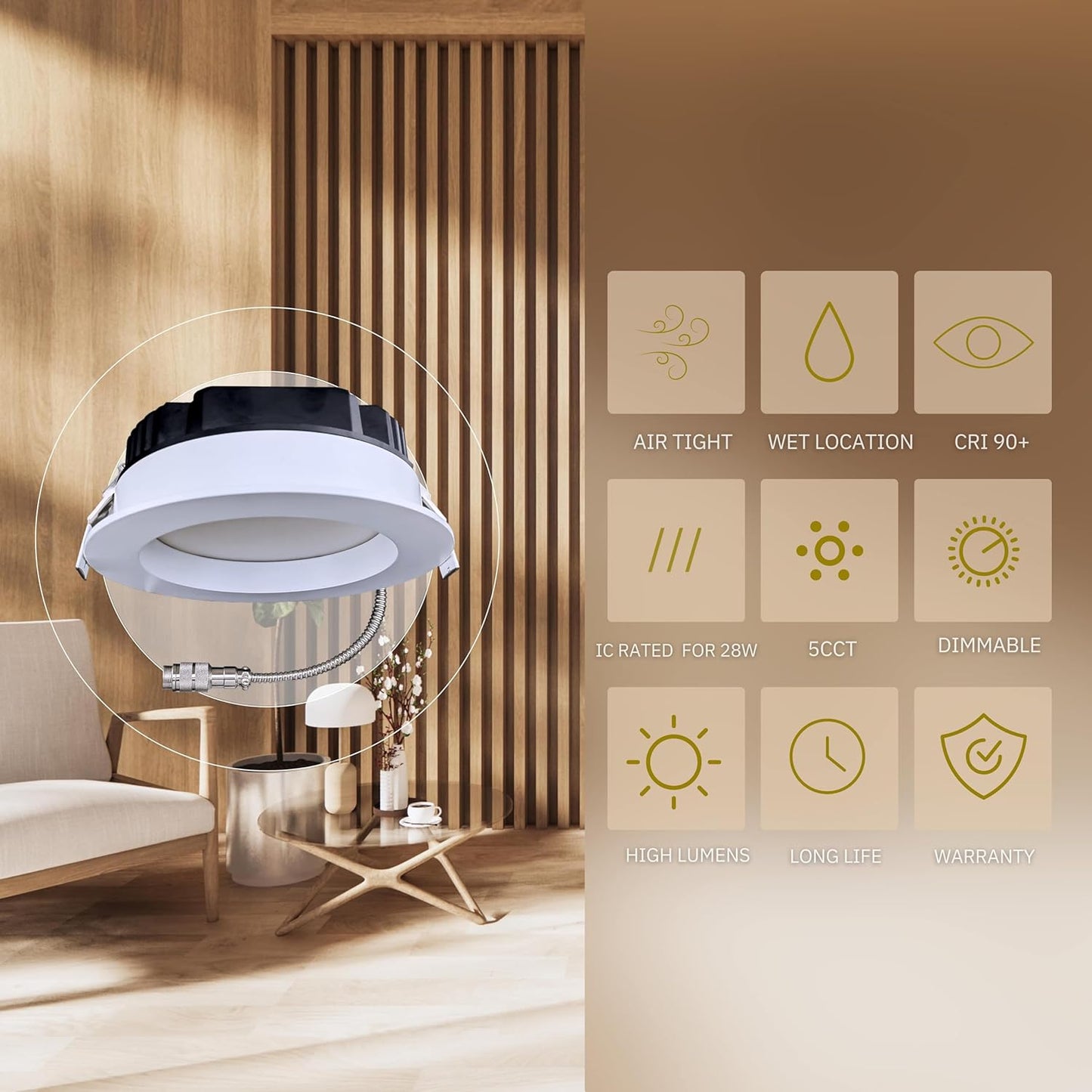 P-6404 6 Inch Slim Round White Finish 48W-28W=500W-325W, 5000-2700 Lumens 5CCT Recessed Light