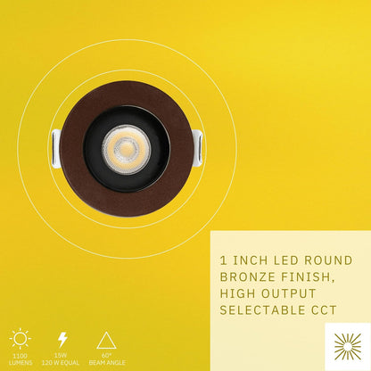 P-6518 1 Inch Round Bronze Smooth High-Output, 15 Watts, 1100 Lumens 5CCT Recessed Light