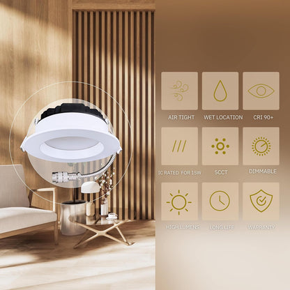 P-6402 4 Inch Slim Round White Finish 20W-15W=200W-125W, 2000-1400 Lumens 5CCT Recessed Light