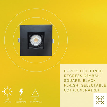 P-5115 3 Inch Square Black 8W 650 Lumens 5CCT Gimbal Light