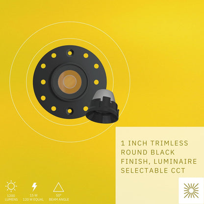 P-6561 1 Inch Trimless Round, Black Finish 15 Watts, 1200 Lumens 5CCT Recessed Light