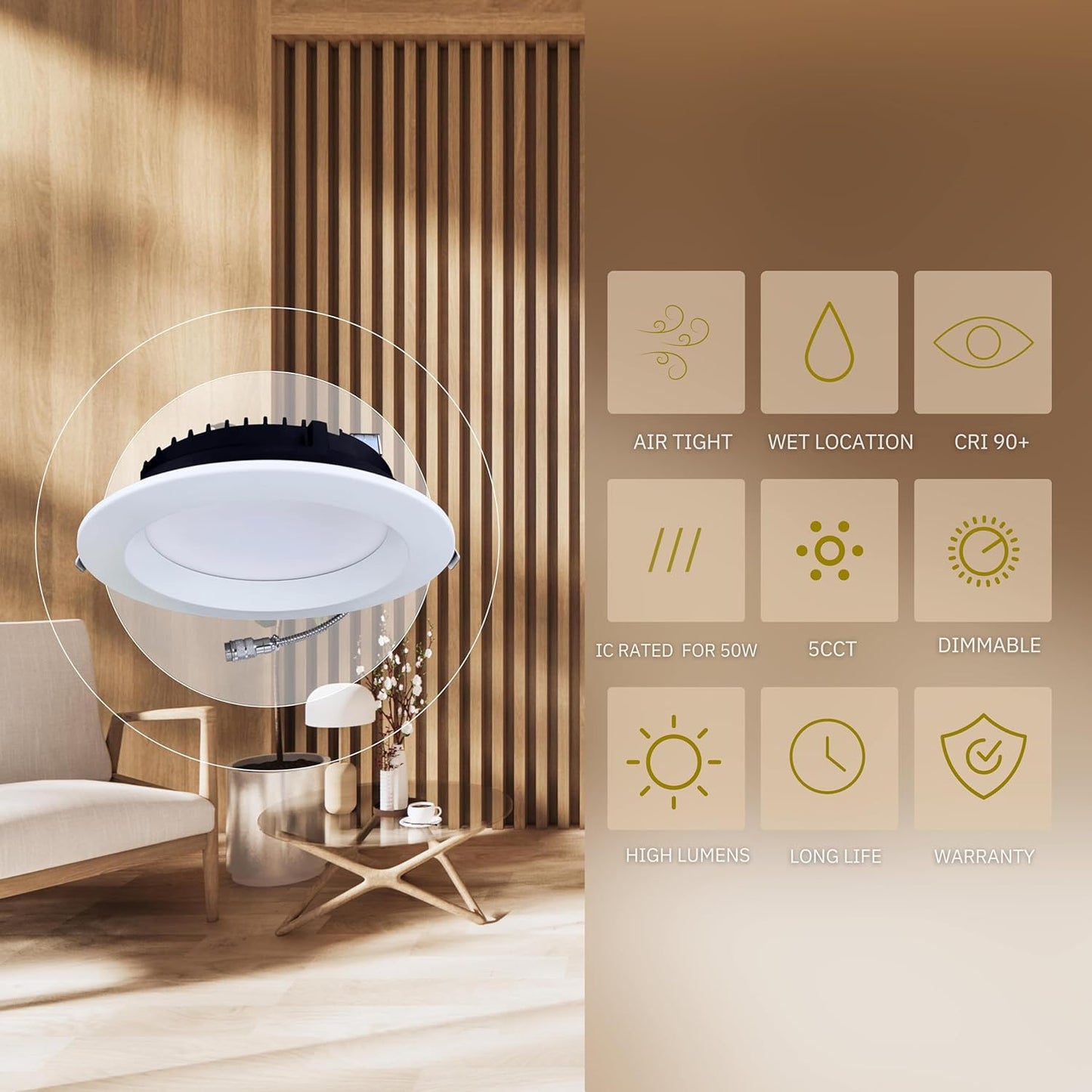 P-6405 8 Inch Slim Round White Finish 80-50W=800-500W, 8000-5000 Lumens 5CCT Recessed Light