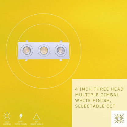 P-6531 4 Inch 3 Head Multiple Gimbal, White Finish 36 Watts, 3600 Lumens 5CCT Recessed Light