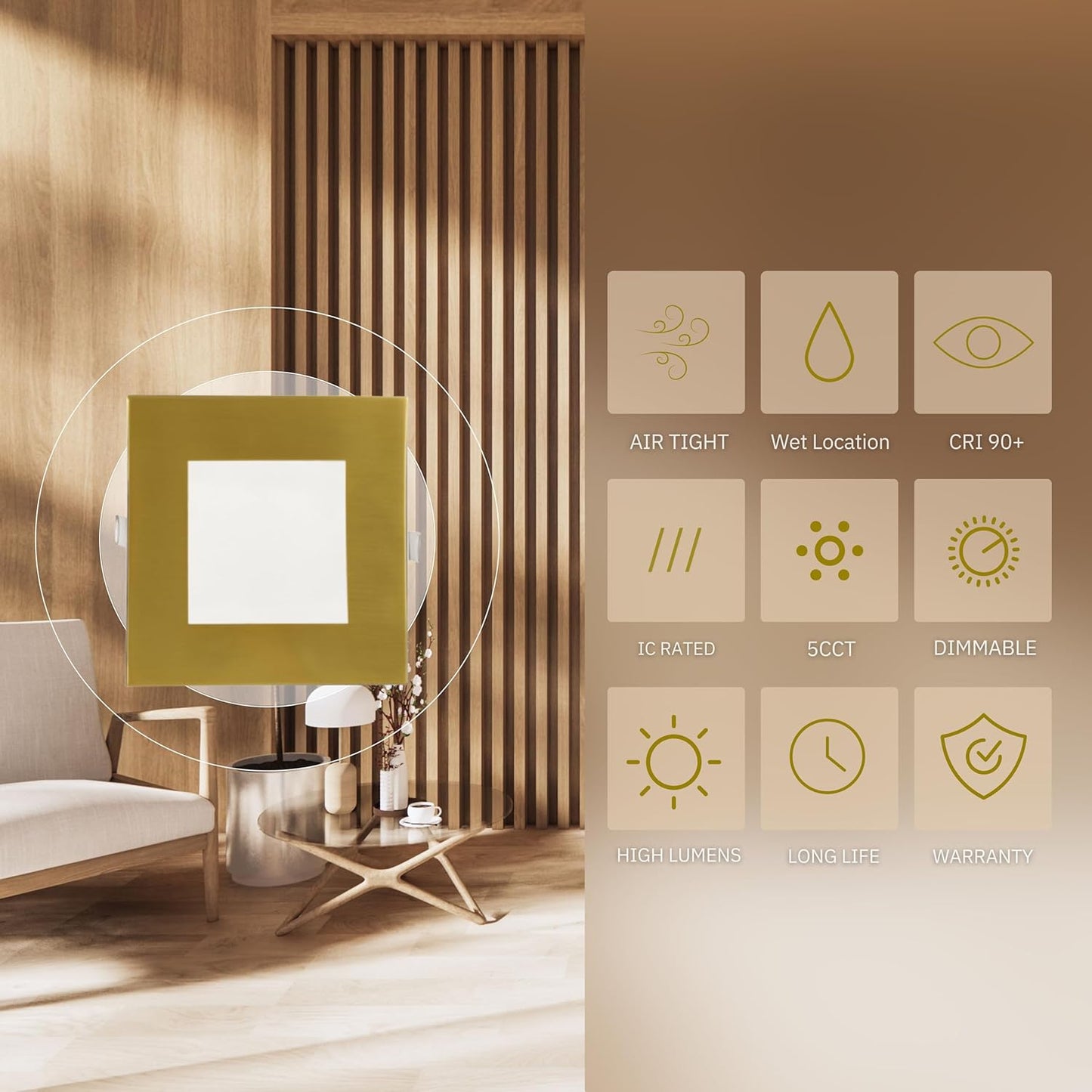 P-5890 6 Inch Square Brushed Brass 18W 1400 Lumens 5CCT Slim Ultra-Thin Light