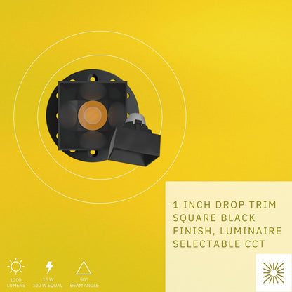 P-6586 1 Inch Square Drop, Black Finish 15 Watts, 1200 Lumens 5CCT Recessed Light