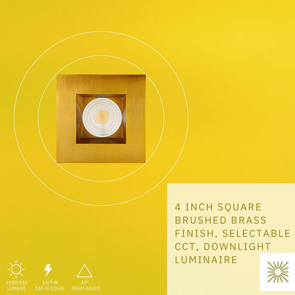 P-6458 4 Inch Square, Brushed Brass Finish 15 Watts, 1550 Lumens 5CCT Recessed Light
