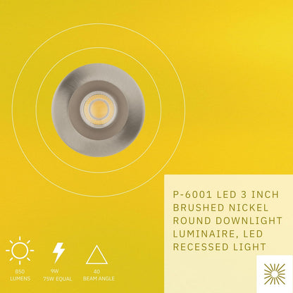 P-6001 3 Inch Brushed Nickel Round 9W 850 Lumens 5CCT Recessed Light