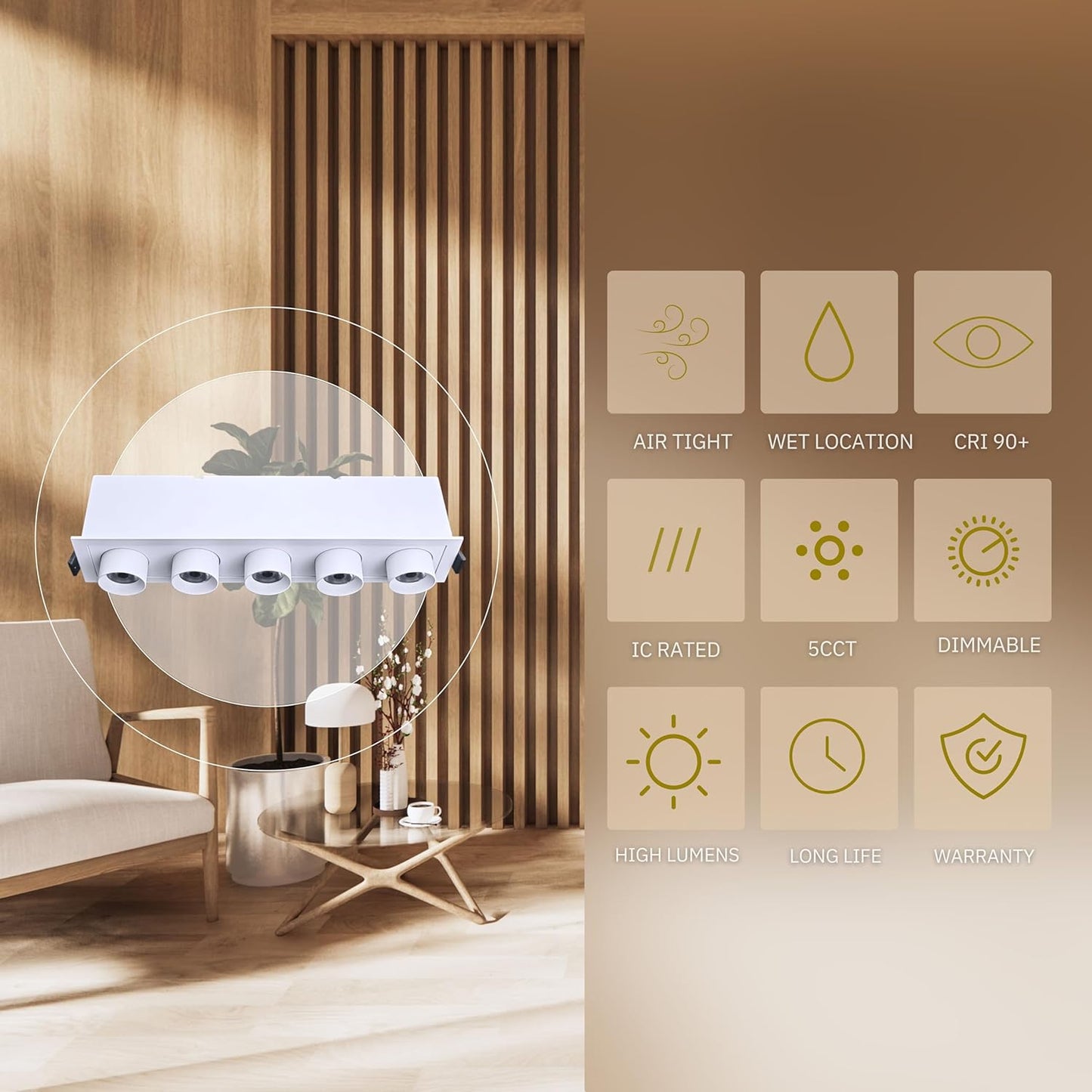 P-6634 2 Inch 5 Head Retractable, White Finish 15 Watts, 980 Lumens 5CCT Recessed Light