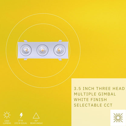 P-6553 3.5 Inch 3 Head Multiple Gimbal, White Finish 27 Watts, 2400 Lumens 5CCT Recessed Light
