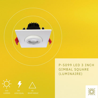 P-5099 3 Inch Square White 8W 650 Lumens Warm White 3000k Gimbal Light