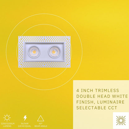 P-6595 4 Inch Trimless 2 Head Multiple Gimbal, White Finish 36 Watts, 3200 Lumens 5CCT Recessed Light