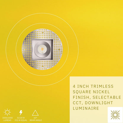 P-6469 4 Inch Trimless Square, Nickel Finish 32 Watts, 3000 Lumens 5CCT Recessed Light