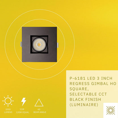 P-6181 3 Inch Square Black 11W 1050 Lumens 5CCT Gimbal Light