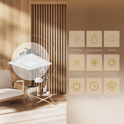 P-5837 3 Inch Square White 6W 400 Lumens Cool White 4100K Slim Light