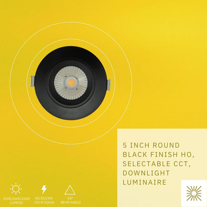 P-6390 5 Inch Round Black High Output 40W-30W-23W=350W, 3500-2600-2000 Lumens 5CCT Recessed Light