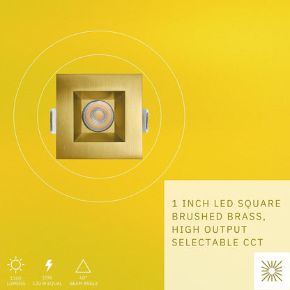 P-6526 1 Inch Square Brushed Brass Smooth High-Output, 15 Watts, 1100 Lumens 5CCT Recessed Light