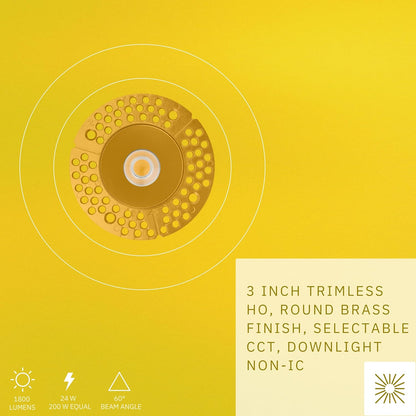 P-6427 3 Inch Trimless Round, Brass Finish 24 Watts, 1800 Lumens 5CCT Recessed Light