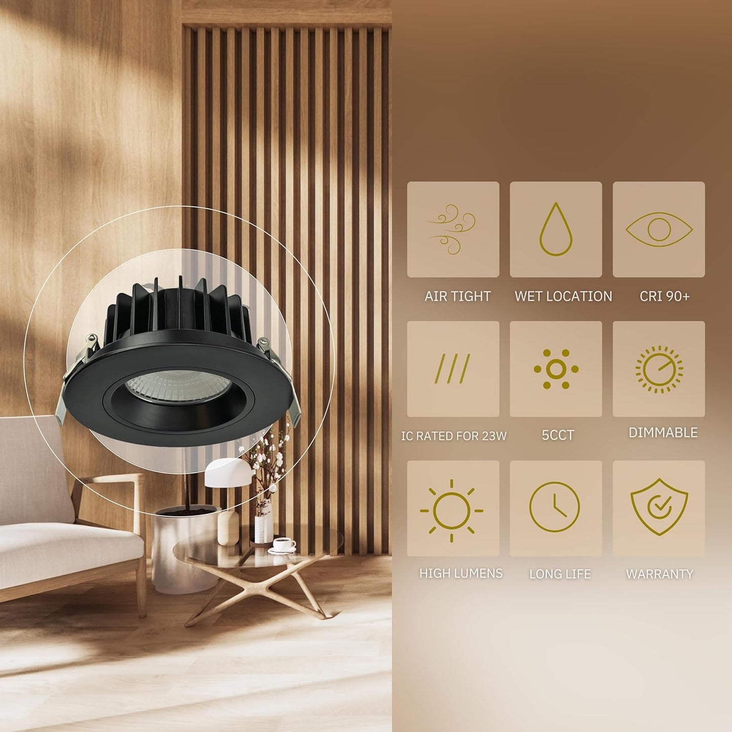 P-6390 5 Inch Round Black High Output 40W-30W-23W=350W, 3500-2600-2000 Lumens 5CCT Recessed Light