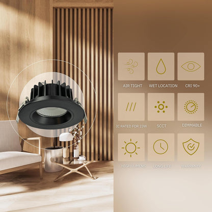P-6390 5 Inch Round Black High Output 40W-30W-23W=350W, 3500-2600-2000 Lumens 5CCT Recessed Light