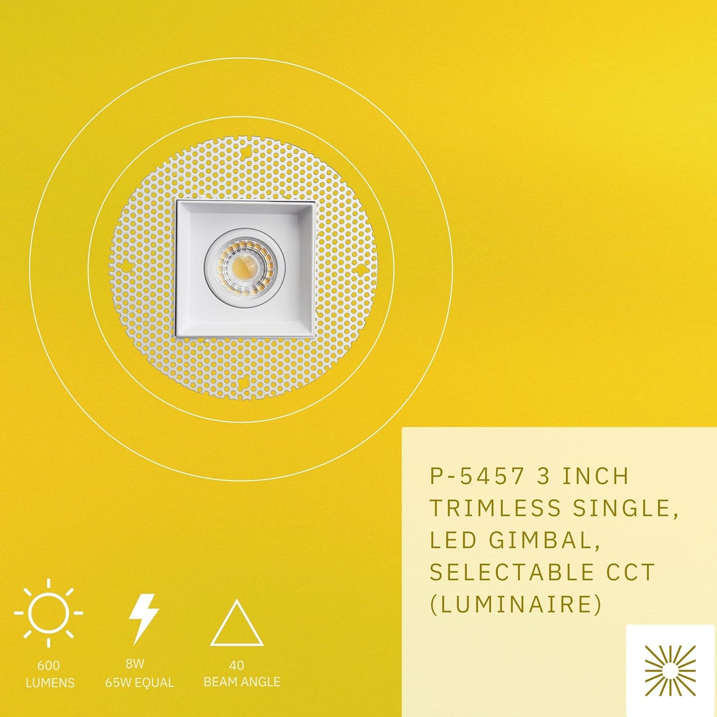 P-5457 3 Inch Trimless Square White 8W 600 Lumens 5CCT Gimbal Light