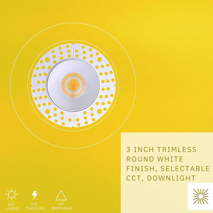 P-6355 3 Inch Trimless Round White 9W 850 Lumens 5CCT Recessed Light
