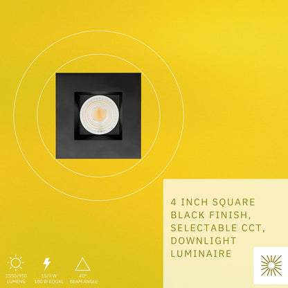 P-6454 4 Inch Square, Black Finish 15 Watts, 1550 Lumens 5CCT Recessed Light