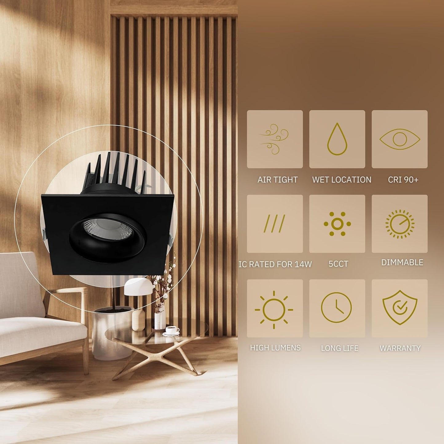 P-6494 3.5 Inch Gimbal Square, Black Finish 20 Watts, 1850 Lumens 5CCT Recessed Light