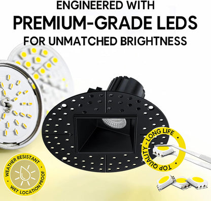 P-7501 3 inch Trimless Square Wall-Wash Black, 9W, 850 Lumens, 5CCT Recessed Light