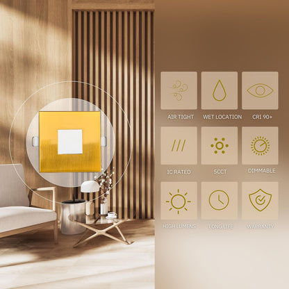 P-6625 2 Inch Slim Ultra-Thin Square, Brushed Brass 5 Watts, 300 Lumens 5CCT Recessed Light