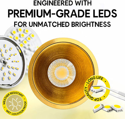 P-7073 2 Inch Millwork Trimless Round Brushed Brass HO 20-14W, 1700-1200 Lumens 5CCT Recessed Light