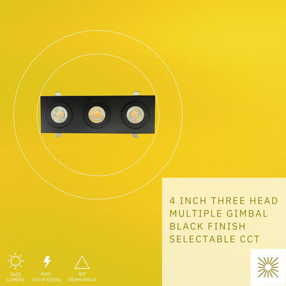 P-6535 4 Inch 3 Head Multiple Gimbal, Black Finish 36 Watts, 3600 Lumens 5CCT Recessed Light